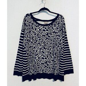 Chicos Sweater Womens XL Black Leopard Print Striped Sleeve Boat Neck Cozy Comfy